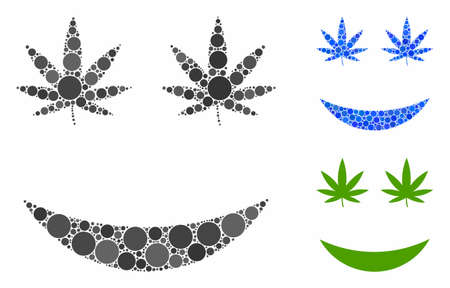 Cannabis smile composition of filled circles in various sizes and color hues, based on cannabis smile icon. Vector filled circles are combined into blue mosaic.のイラスト素材
