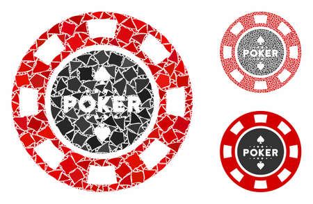 Poker casino chip mosaic of bumpy parts in various sizes and color tints, based on poker casino chip icon. Vector inequal parts are grouped into collage.のイラスト素材