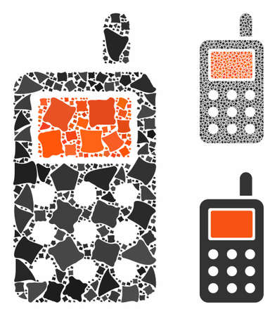 Cell phone composition of ragged items in different sizes and shades, based on cell phone icon. Vector ragged items are united into mosaic. Cell phone icons collage with dotted pattern.のイラスト素材