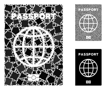 Passport mosaic of raggy pieces in various sizes and color tones, based on passport icon. Vector irregular pieces are organized into collage. Passport icons collage with dotted pattern.のイラスト素材