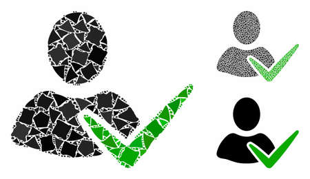 Approve user mosaic of bumpy pieces in variable sizes and color tones, based on approve user icon. Vector inequal pieces are organized into collage. Approve user icons collage with dotted pattern.のイラスト素材