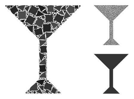 Wine glass mosaic of raggy elements in different sizes and color tones, based on wine glass icon. Vector tuberous elements are combined into mosaic. Wine glass icons collage with dotted pattern.のイラスト素材