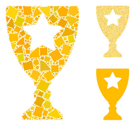 Winner cup composition of tuberous parts in various sizes and color tones, based on winner cup icon. Vector humpy parts are composed into composition. Winner cup icons collage with dotted pattern.のイラスト素材