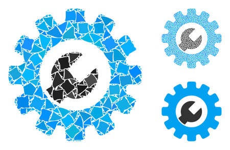 Service tools mosaic of trembly items in variable sizes and color hues, based on service tools icon. Vector irregular items are united into collage. Service tools icons collage with dotted pattern.のイラスト素材