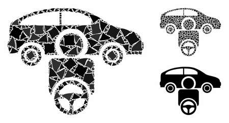Car driver composition of bumpy pieces in various sizes and color tones, based on car driver icon. Vector humpy pieces are combined into composition. Car driver icons collage with dotted pattern.のイラスト素材