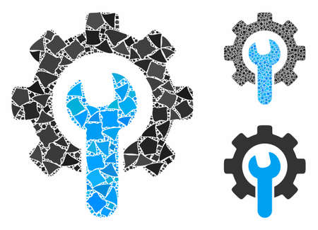 Service tools mosaic of bumpy elements in variable sizes and shades, based on service tools icon. Vector rugged elements are organized into mosaic. Service tools icons collage with dotted pattern.のイラスト素材