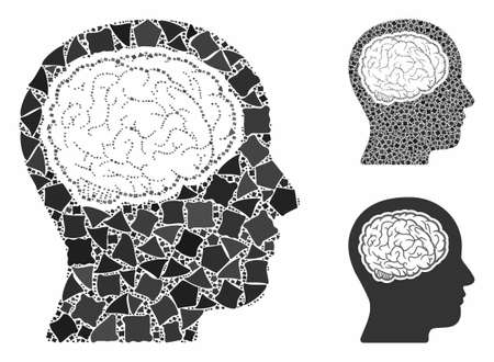 Head brain mosaic of rough pieces in different sizes and shades, based on head brain icon. Vector rough pieces are united into mosaic. Head brain icons collage with dotted pattern.のイラスト素材
