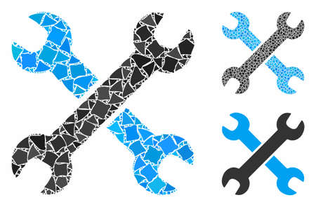 Wrenches composition of raggy items in variable sizes and color tinges, based on wrenches icon. Vector inequal pieces are combined into collage. Wrenches icons collage with dotted pattern.のイラスト素材