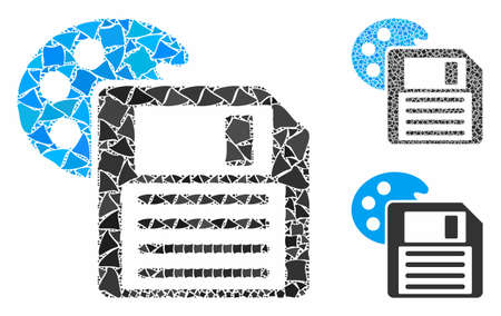 Save palette with diskette mosaic of unequal pieces in various sizes and color tinges, based on save palette and diskette icon. Vector unequal pieces are grouped into mosaic. Save palette and diskette icons collage with dotted pattern.のイラスト素材