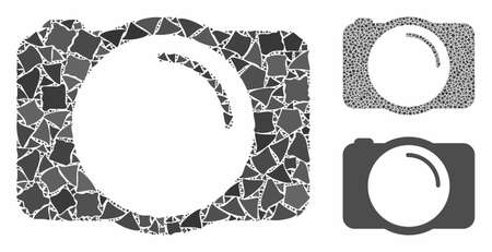 Photo camera composition of rugged items in various sizes and color tones, based on photo camera icon. Vector rugged dots are composed into composition. Photo camera icons collage with dotted pattern.のイラスト素材