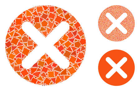 Cancel mosaic of rugged elements in variable sizes and shades, based on cancel icon. Vector humpy elements are organized into collage. Cancel icons collage with dotted pattern.のイラスト素材