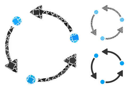 Rotate composition of raggy elements in variable sizes and color tones, based on rotate icon. Vector humpy elements are grouped into collage. Rotate icons collage with dotted pattern.のイラスト素材