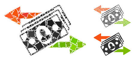 Money exchange composition of raggy pieces in variable sizes and color tones, based on money exchange icon. Vector raggy dots are combined into collage.のイラスト素材