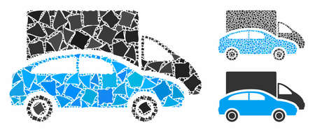 Cars composition of trembly pieces in variable sizes and color tinges, based on cars icon. Vector trembly items are composed into collage. Cars icons collage with dotted pattern.のイラスト素材