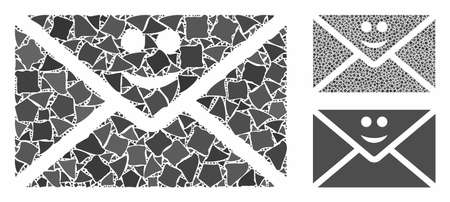 Happy mail composition of tremulant pieces in various sizes and color tints, based on happy mail icon. Vector bumpy pieces are grouped into collage. Happy mail icons collage with dotted pattern.のイラスト素材