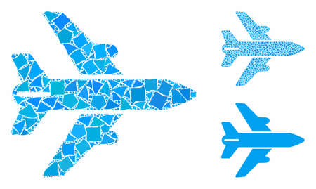 Airplane mosaic of humpy elements in different sizes and color tinges, based on airplane icon. Vector ragged elements are grouped into collage. Airplane icons collage with dotted pattern.のイラスト素材