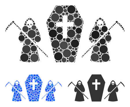 Scytheman coffin guard mosaic of spheric dots in different sizes and shades, based on scytheman coffin guard icon. Vector round elements are grouped into blue mosaic.のイラスト素材