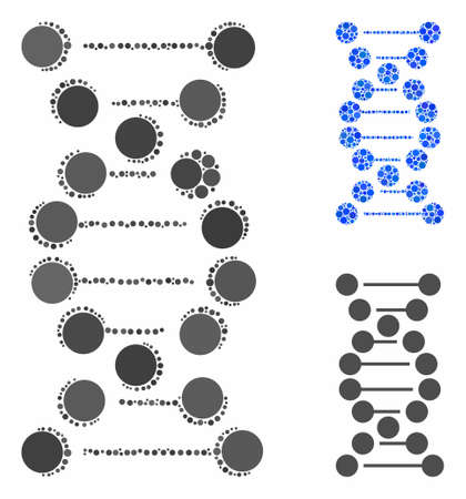 DNA composition of filled circles in different sizes and color tones, based on DNA icon. Vector round dots are composed into blue composition. Dotted DNA icon in usual and blue versions.のイラスト素材