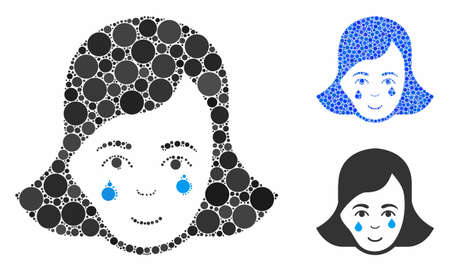 Crying woman face mosaic of small circles in variable sizes and color tints, based on crying woman face icon. Vector filled circles are combined into blue mosaic.のイラスト素材