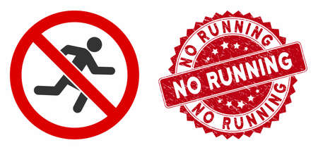 Vector no running icon and distressed round stamp seal with No Running phrase. Flat no running icon is isolated on a white background. No Running stamp seal uses red color and dirty surface.のイラスト素材