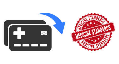 Vector medical insurance cards transfer icon and distressed round stamp seal with Medicine Standards phrase. Flat medical insurance cards transfer icon is isolated on a white background.のイラスト素材