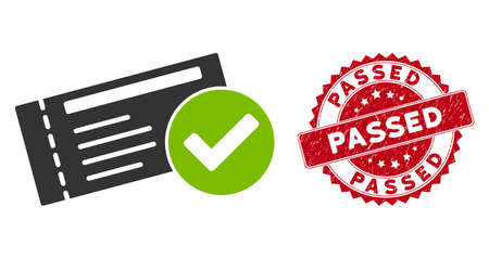 Vector passed icon and grunge round stamp seal with Passed caption. Flat passed icon is isolated on a white background. Passed seal uses red color and grunge surface.のイラスト素材