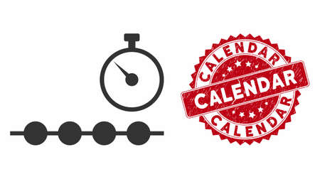 Vector marked time line icon and grunge round stamp seal with Calendar phrase. Flat marked time line icon is isolated on a white background. Calendar seal uses red color and grunge texture.のイラスト素材