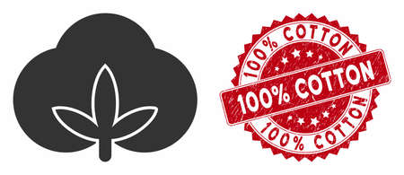 Vector cotton icon and rubber round stamp seal with 100% Cotton caption. Flat cotton icon is isolated on a white background. 100% Cotton stamp seal uses red color and dirty surface.のイラスト素材