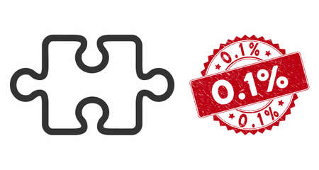 Vector stroke puzzle item icon and distressed round stamp seal with 0.1% caption. Flat stroke puzzle...