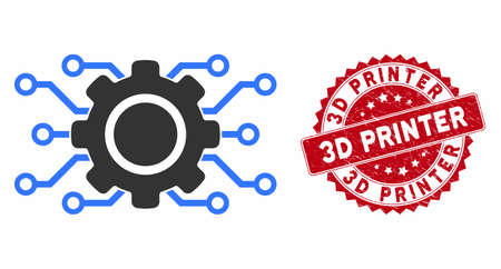 Vector electronic gearwheel icon and rubber round stamp seal with 3D Printer phrase. Flat electronic...