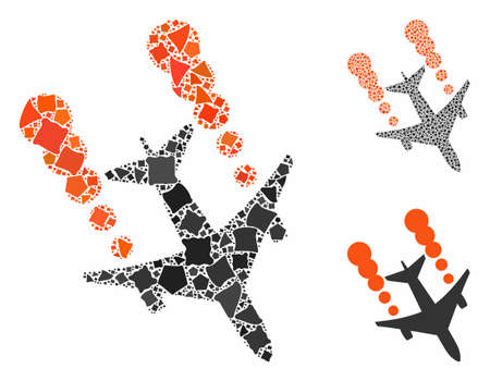 Airplane smoke trace composition of bumpy pieces in different sizes and color hues, based on airplane smoke trace icon. Vector tremulant dots are united into collage.のイラスト素材