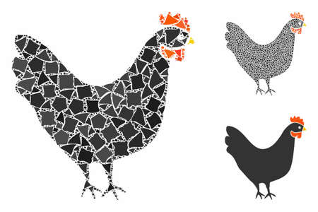 Chicken composition of unequal items in variable sizes and color tones, based on chicken icon. Vector unequal items are combined into collage. Chicken icons collage with dotted pattern.のイラスト素材