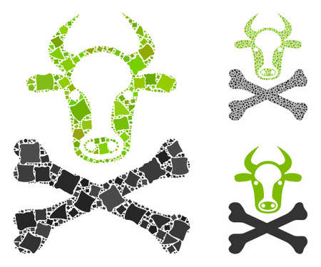 Cow death mosaic of ragged elements in variable sizes and color tones, based on cow death icon. Vector ragged dots are combined into mosaic. Cow death icons collage with dotted pattern.のイラスト素材