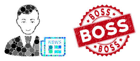 Mosaic businessman news and grunge stamp seal with Boss caption. Mosaic vector is designed with businessman news icon and with random round elements. Boss stamp seal uses red color,のイラスト素材