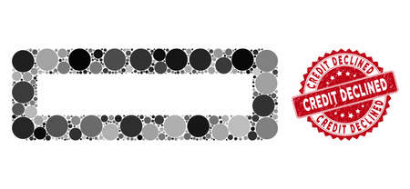 Mosaic remove and corroded stamp seal with Credit Declined caption. Mosaic vector is designed with remove icon and with random round items. Credit Declined stamp uses red color, and grunge texture.のイラスト素材
