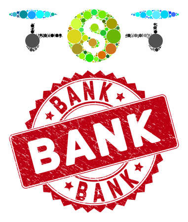 Mosaic aircopter payment and distressed stamp seal with Bank caption. Mosaic vector is created with aircopter payment icon and with scattered spheric spots. Bank stamp seal uses red color,のイラスト素材