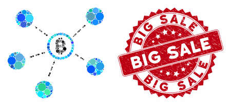 Mosaic Bitcoin network and rubber stamp seal with Big Sale caption. Mosaic vector is composed from Bitcoin network icon and with random round items. Big Sale stamp seal uses red color,のイラスト素材