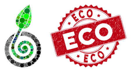 Collage bud sprout and corroded stamp seal with Eco phrase. Mosaic vector is formed with bud sprout icon and with random spheric spots. Eco stamp seal uses red color, and dirty design.のイラスト素材
