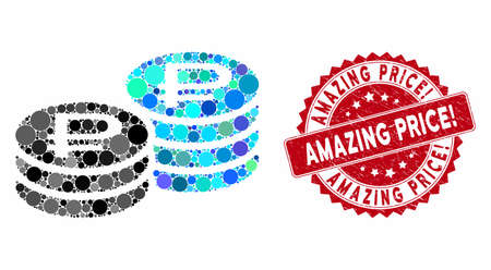 Mosaic rouble coin stacks and distressed stamp seal with Amazing Price! phrase. Mosaic vector is designed from rouble coin stacks icon and with randomized spheric elements.のイラスト素材