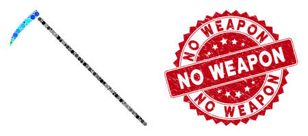 Mosaic scythe and grunge stamp seal with No Weapon caption. Mosaic vector is composed with scythe icon and with random spheric items. No Weapon seal uses red color, and scratched design.のイラスト素材