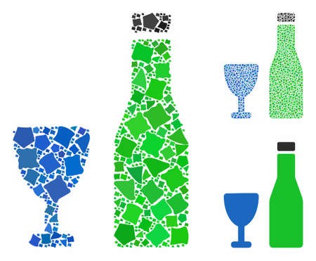 Alcohol mosaic of irregular elements in different sizes and color tinges, based on alcohol icon. Vector ragged elements are combined into collage. Alcohol icons collage with dotted pattern.のイラスト素材