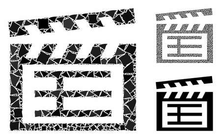 Movie clap mosaic of abrupt parts in various sizes and color tones, based on movie clap icon. Vector rugged dots are composed into collage. Movie clap icons collage with dotted pattern.のイラスト素材