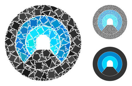 Pipe tunnel mosaic of irregular parts in variable sizes and color hues, based on pipe tunnel icon. Vector bumpy parts are combined into mosaic. Pipe tunnel icons collage with dotted pattern.のイラスト素材