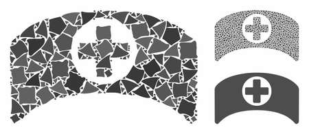 Doctor cap mosaic of unequal pieces in various sizes and color tinges, based on doctor cap icon. Vector uneven pieces are combined into mosaic. Doctor cap icons collage with dotted pattern.のイラスト素材