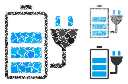Charge battery mosaic of tuberous pieces in variable sizes and shades, based on charge battery icon. Vector raggy pieces are organized into mosaic. Charge battery icons collage with dotted pattern.のイラスト素材