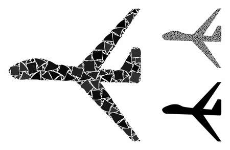Uav composition of humpy pieces in variable sizes and color tints, based on uav icon. Vector abrupt pieces are organized into collage. Uav icons collage with dotted pattern.のイラスト素材