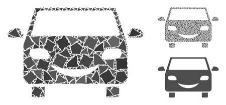 Smile car composition of joggly items in different sizes and color tinges, based on smile car icon. Vector abrupt items are organized into collage. Smile car icons collage with dotted pattern.のイラスト素材