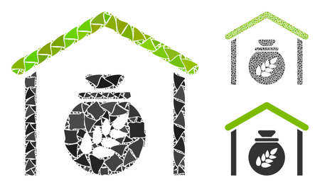 Grain storage mosaic of tremulant pieces in various sizes and color hues, based on grain storage icon. Vector tremulant elements are composed into collage.のイラスト素材