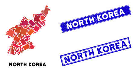 Mosaic North Korea map and rectangle stamps. Flat vector North Korea map mosaic of randomized rotated rectangle elements. Blue caption rubber stamps with grunged surface.のイラスト素材