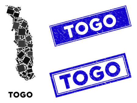 Mosaic Togo map and rectangle seals. Flat vector Togo map mosaic of random rotated rectangle items. Blue caption seals with grunge textures. Designed for political and patriotic posters.のイラスト素材